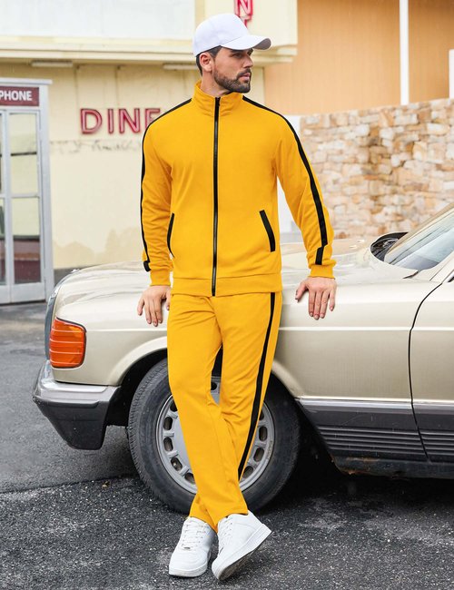 LecGee 2 Piece Athletic Set For Men Casual Color Bock Coat and Adjustable Drawstring Sports Pant Outfits(Yellow,XX-Large)