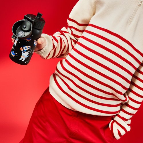 Ion8 Kids Water Bottle, Steel 400 ml/13 oz, Leak Proof, Easy to Open, Secure Lock, Dishwasher Safe, Flip Cover, Carry Handle, Easy Clean, Durable, Scratch Resistant, Raised Print, Space Travel Design