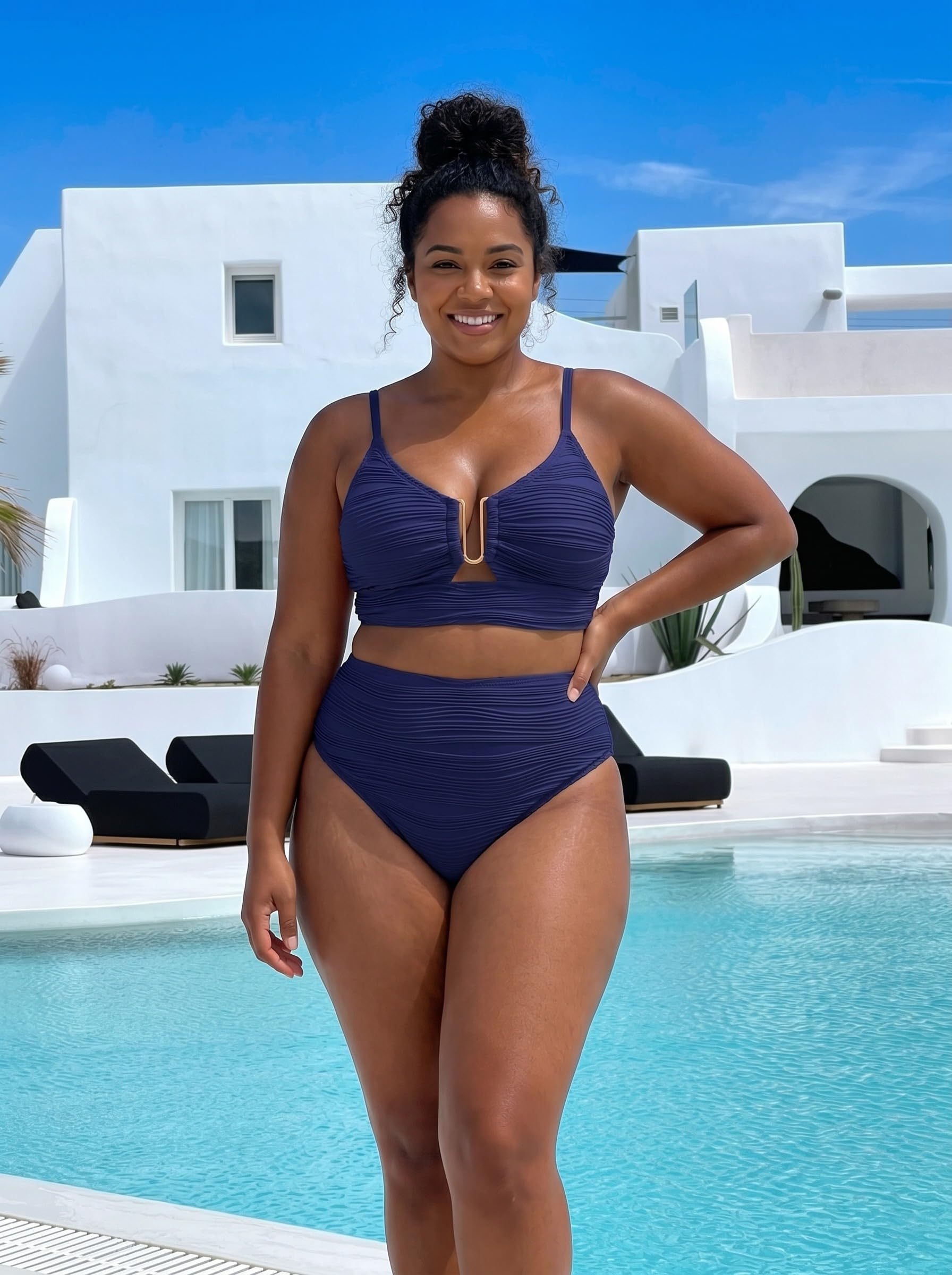 Herseas Womens High Waisted Bikini Sets Ribbed 2 Piece V Neck Bathing Suit U-Wired Popular Swimsuit Push Up Swimwear Modest Cruise Essentials 2026 Summer Navy Blue Small