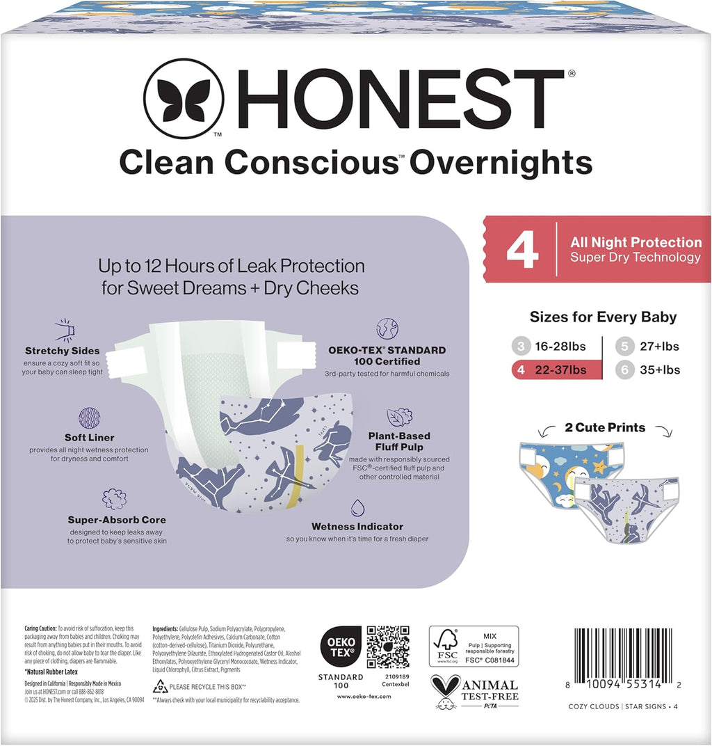 The Honest Company Overnight Diapers - Hypoallergenic Comfort, Cozy Cloud + Star Signs | Size 4 (22-37 lbs), 48 Count