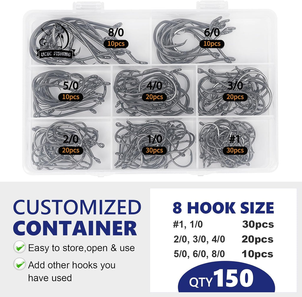 UCEC Circle Hooks - 2X Strong Offset Fishing Hooks for Saltwater | High Carbon Steel, 150/240pcs, Sizes #1-8/0
