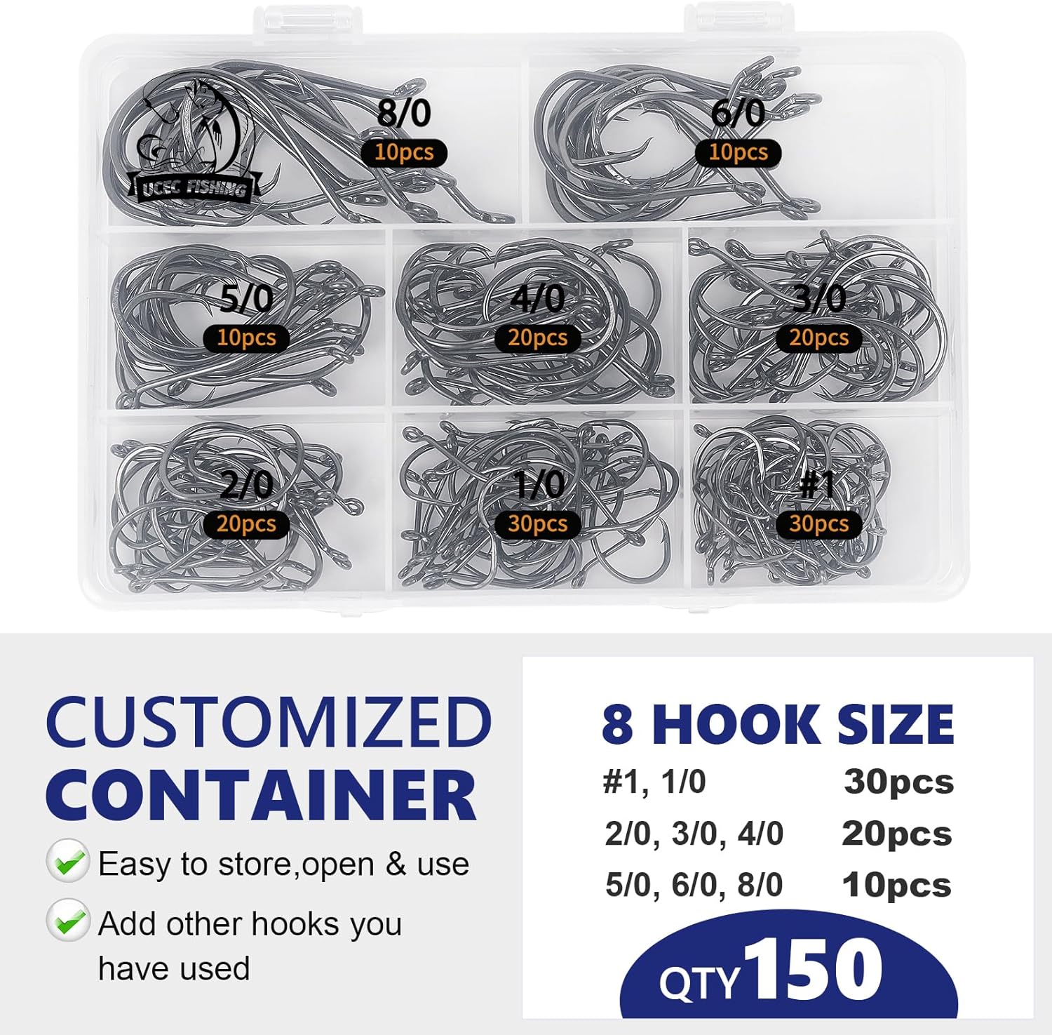 UCEC Circle Hooks - 2X Strong Offset Fishing Hooks for Saltwater | High Carbon Steel, 150/240pcs, Sizes #1-8/0