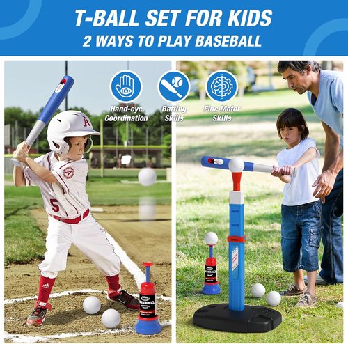 HYES Kids Basketball Hoop & T-Ball Set - Adjustable Height, Automatic Pitching Machine | Indoor/Outdoor Sports Toy for Ages 1-5, Blue