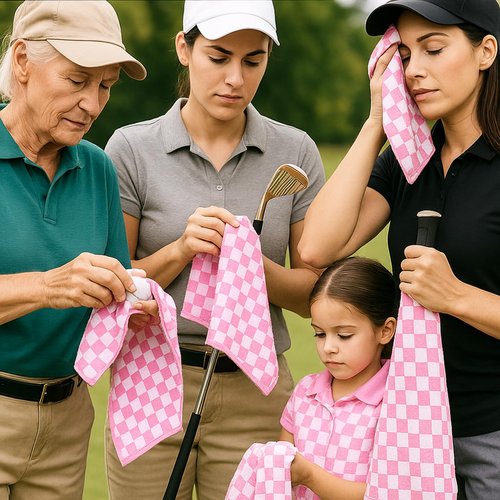 Hillsuren 3 Pcs Pink Golf Towel and Brush Set 2 Pcs Pink and White Checkered Towels with Clip 1 PC Club Brush Microfiber Towels for Golf Bags Accessories Kit