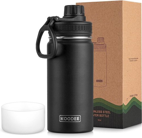 Koodee 16 Oz Stainless Steel Water Bottle - Double Wall Vacuum Insulated | Leakproof Spout Lid (Black)