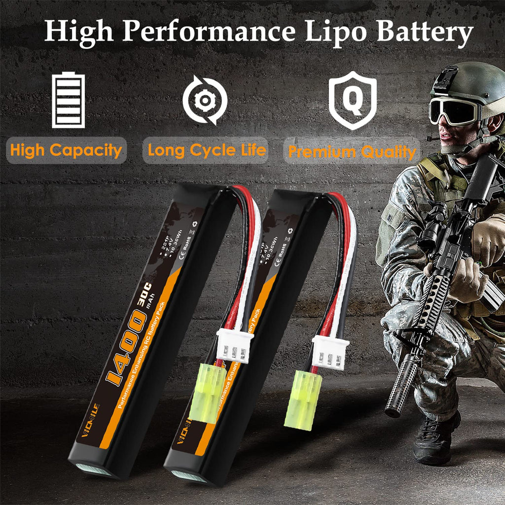 VICMILE Airsoft Battery 1400mAh 7.4V Lipo Battery with Tamiya Plug 30C High Discharge Rate Rechargeable 2S Lipo Battery for Airsoft Model Guns