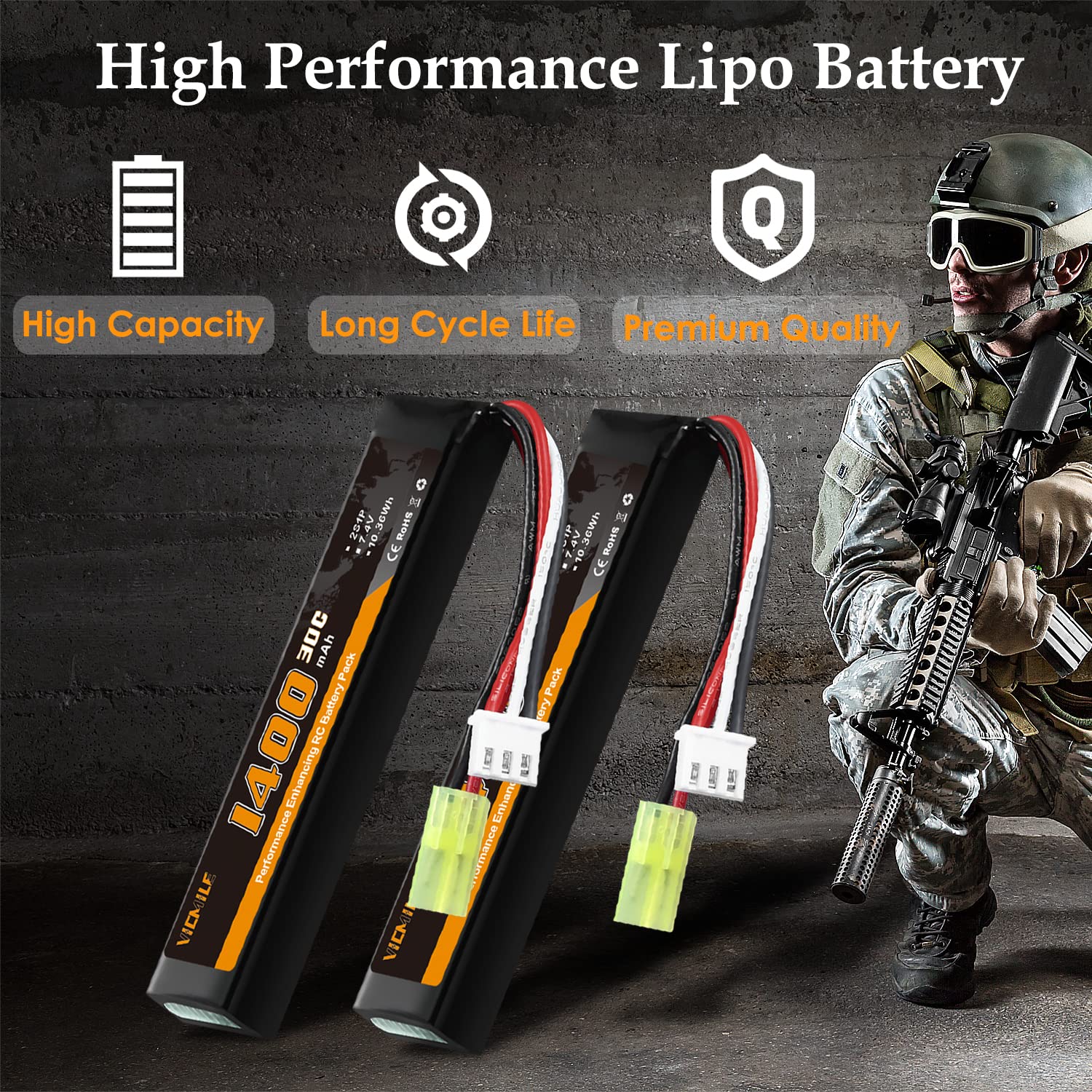 VICMILE Airsoft Battery 1400mAh 7.4V Lipo Battery with Tamiya Plug 30C High Discharge Rate Rechargeable 2S Lipo Battery for Airsoft Model Guns