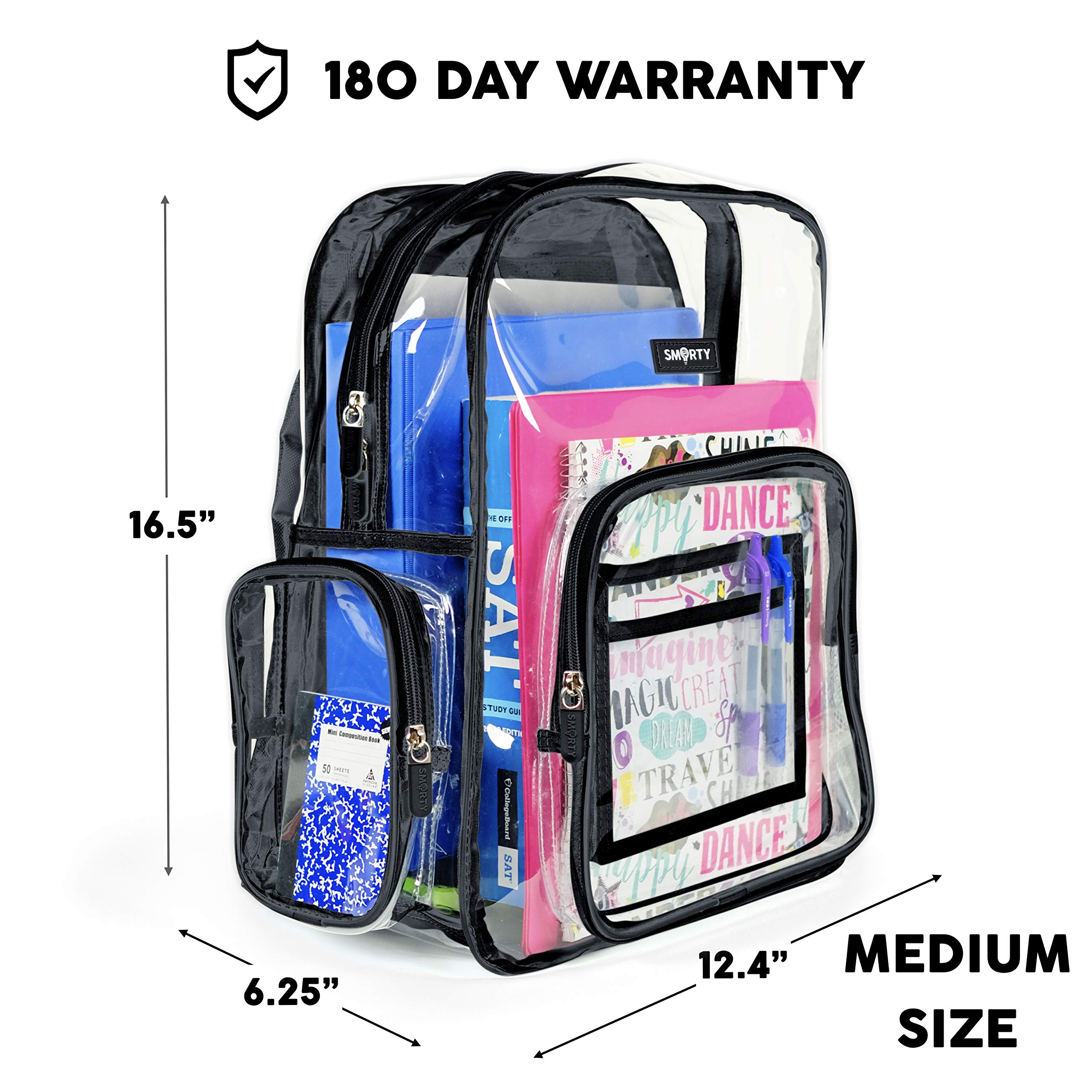 SMARTY Heavy Duty Clear Backpack V6 Durable Transparent See Through Bag (Medium, Black)