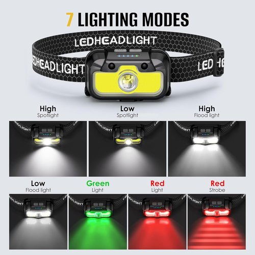 HOKOILN LED Headlamp - 1300 Lumen Rechargeable Flashlight with Green & Red Light | Waterproof, 7 Modes for Camping & Hiking