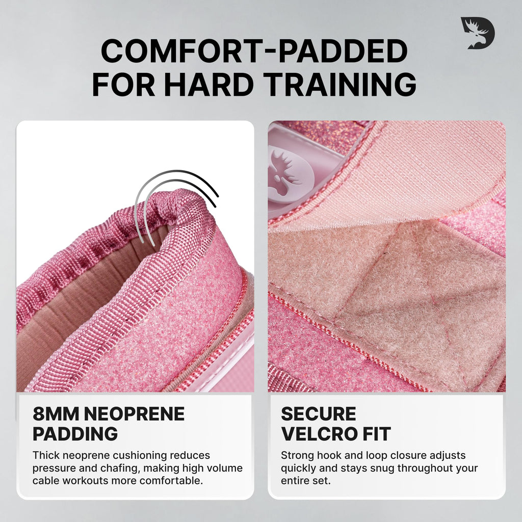 DMoose Fitness Ankle Straps for Cable Machines - One Size Fit with Premium Padding, Glute Kickback Ankle Strap for Women & Men, Cable Attachments for Gym, Booty Workouts (Glitter Pink - Pair)