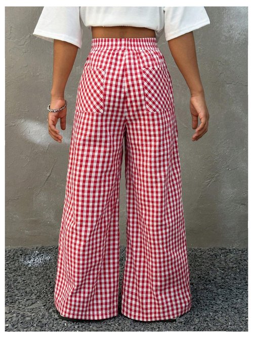 SOLY HUX Girl's Plaid Gingham Baggy Pants Elastic High Waisted Wide Leg Long Pants Trousers Red Plaid 9Y
