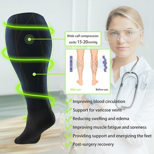 LEVSOX Wide Calf Compression Socks - 15-20mmHg Knee High Support Stockings for Circulation