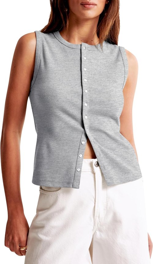 Cioatin Women's Ribbed Button Down Tank Top - Sleeveless Slim Fit Crop Vest for Y2K Style
