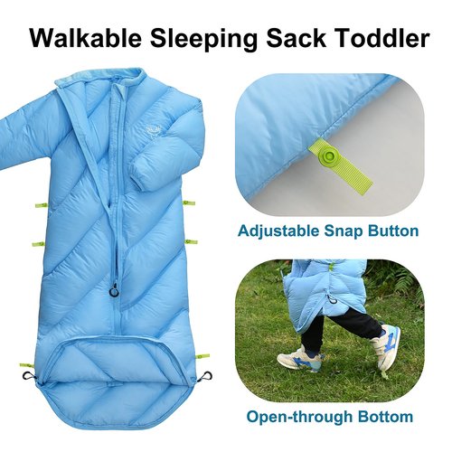 AZITREK Walkable Kids Sleeping Bags for Toddler Boys Girls (2T-4T)- Puffy Camping Sleeping Sack Machine Washable Compact (up to 46 in) Travel Sleepover Slimber Party Inddor Outdoor (Santorini Blue)