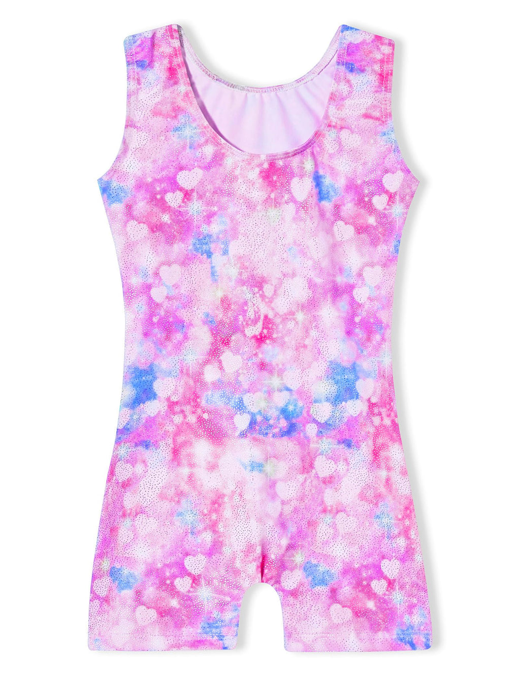 Domusgo Gymnastics Leotards for Girls 6-7 Years Old Shiny Sleeveless Pink Purple Love Heart Unitard with Shorts