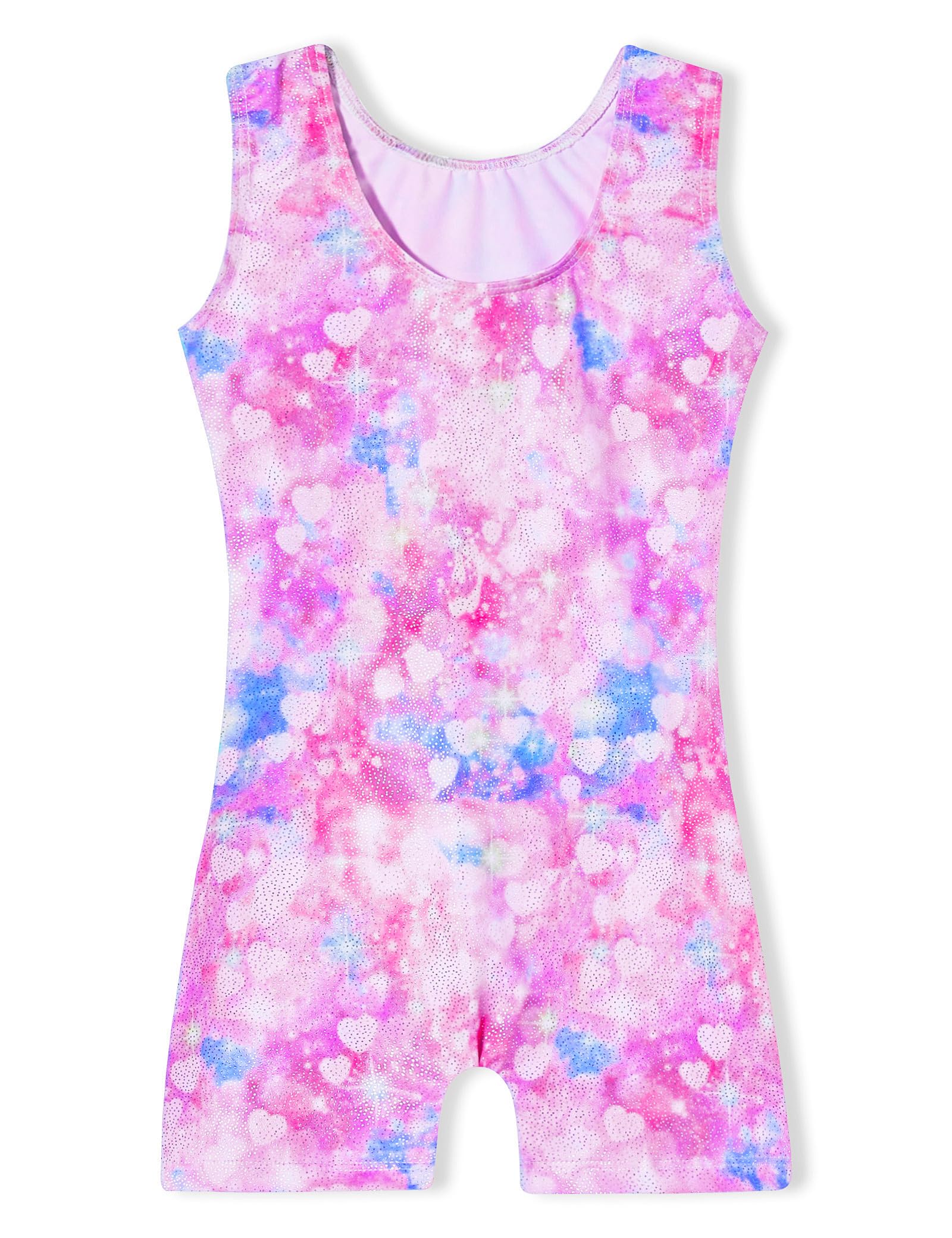 Domusgo Gymnastics Leotards for Girls 6-7 Years Old Shiny Sleeveless Pink Purple Love Heart Unitard with Shorts