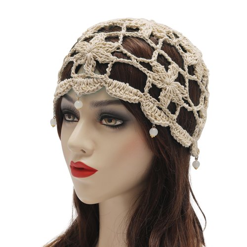 ZLYC Women Cotton Crochet Skull Cap Handmade Knit Cutout Floral Beanie Hat, Beads Beige