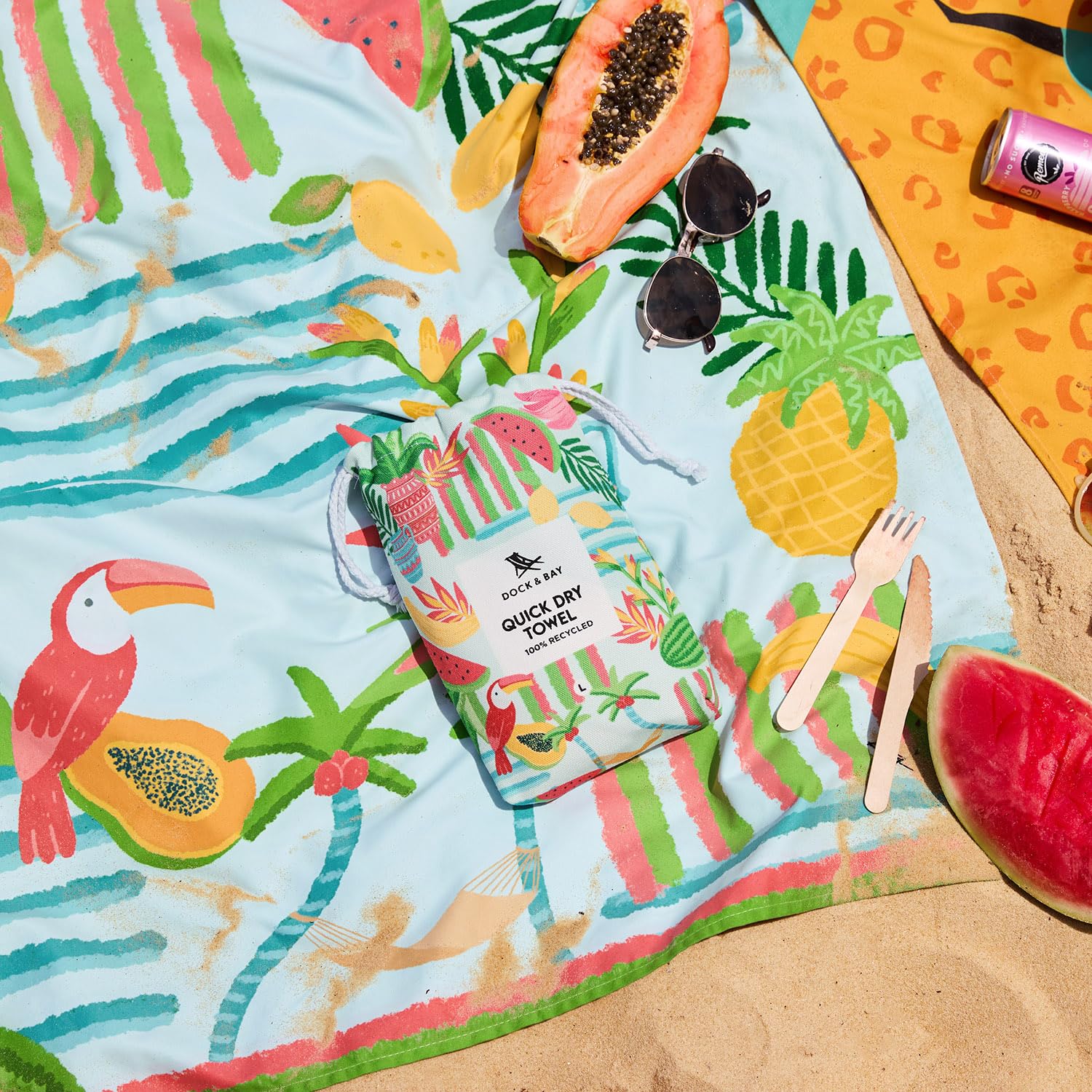 Dock & Bay Beach Towel - Quick Dry, Sand Free - Compact, Lightweight - 100% Recycled - Includes Bag - Tropicana Treat - Extra Large (200x90cm, 78x35)
