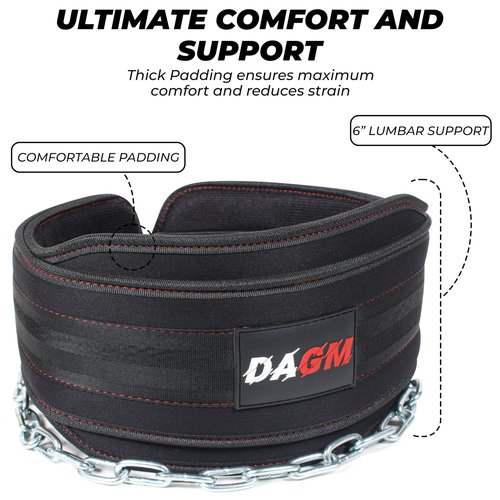 DAGM Dip Belt for Weight Lifting - Upto 650 Lbs Weight Capacity, 38" Steel Chain, Confortable Neoprene Padded Support, Perfect Weighted Belt for Pullups, Dips, Squats, Gym Workout & Crossfit Training