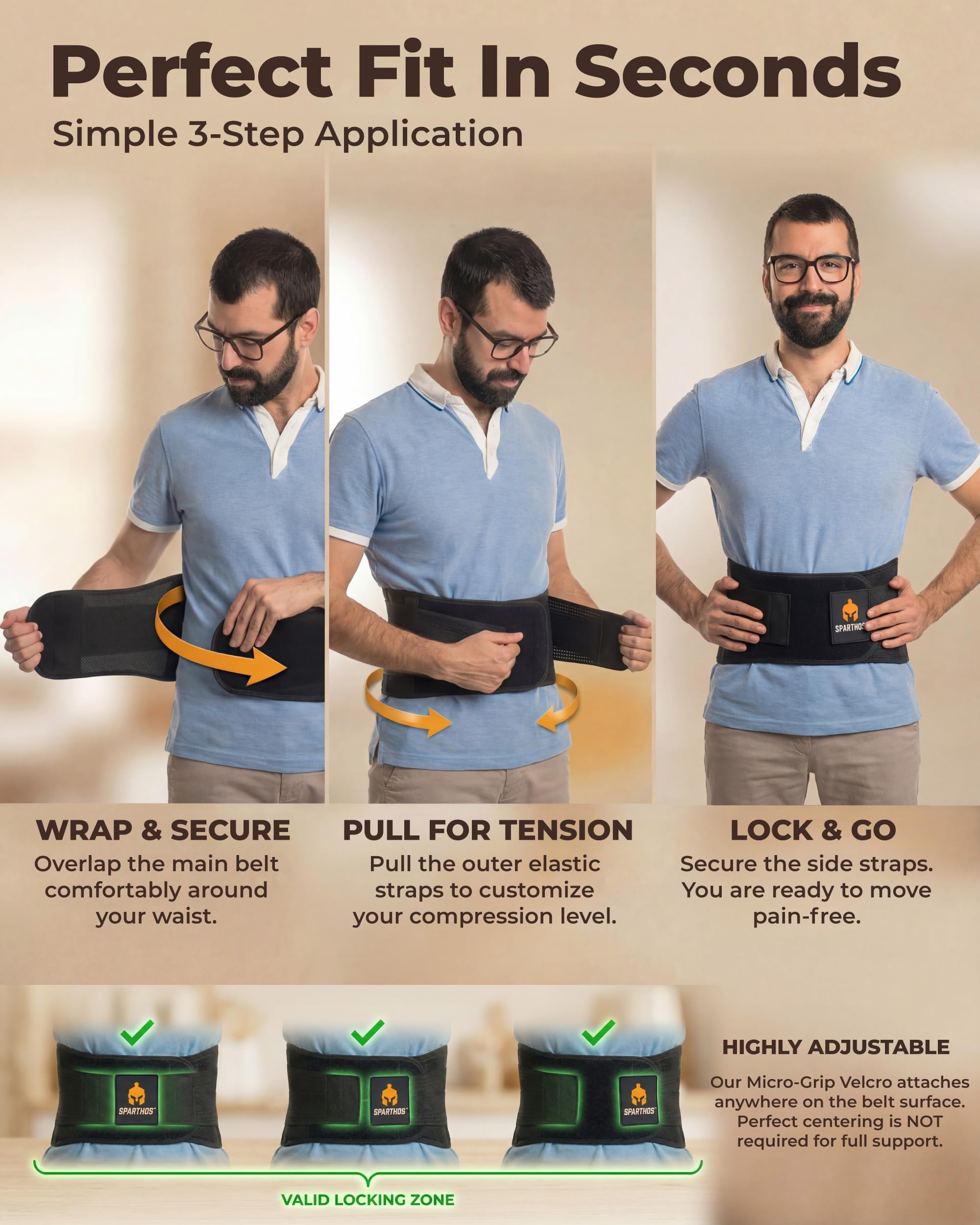 Sparthos Lumbar Support Belt - Immediate Relief from Back Pain, Sciatica, Herniated Disc - Adjustable Lower Back Waist Brace +Lumbar Pad - For Men & Women, Fits 63–73″ Waist (XXX-Large, Check Sizing)