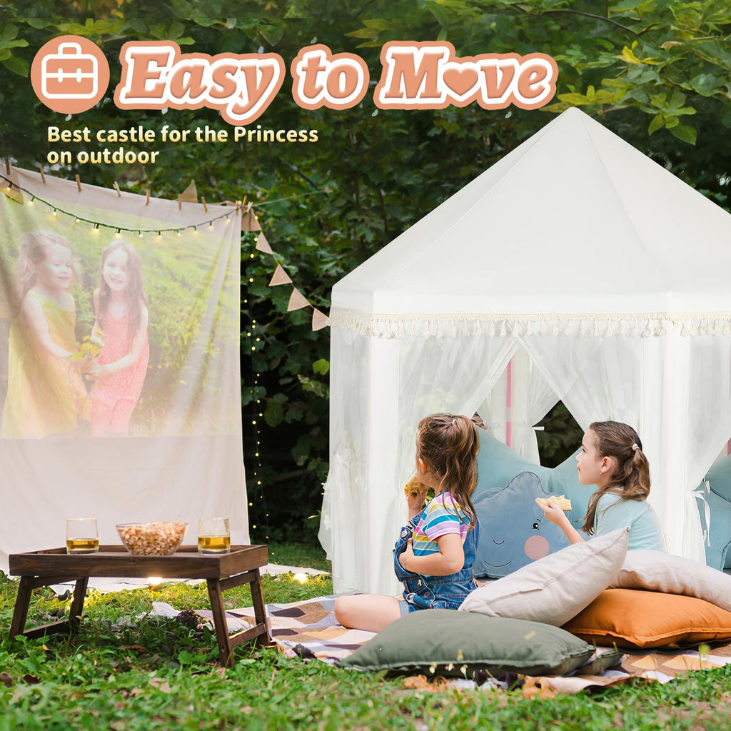 Monobeach White Princess Tent Girls Tassel Decor Large Playhouse Kids Castle Play Tent with Star Lights Toy for Children Indoor and Outdoor Games, 55'' x 53'' (White Princess Tent with Tassel)