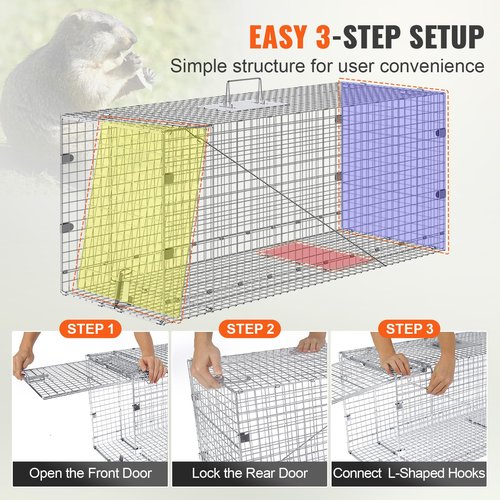 VEVOR Live Animal Cage Trap, 42" x 16" x 18" Humane Cat Trap Galvanized Iron, Folding Animal Trap Cage with Handle for Stray Dogs, Armadillos, Raccoons, Foxes