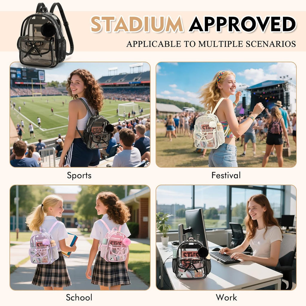 Skiennix Clear Stadium Backpack - Durable PVC Small Bag with Leather Trim | 12x12x6 Inches