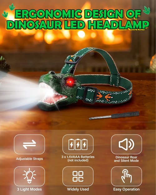Niovexium LED Dinosaur Headlamp for Kids, Children's Toy Flashlight T-Rex Dinosaur Toys for Age 3 4 5 6 7 8 9 Years Old Kids, Camping Hiking Gear for Boys Girls