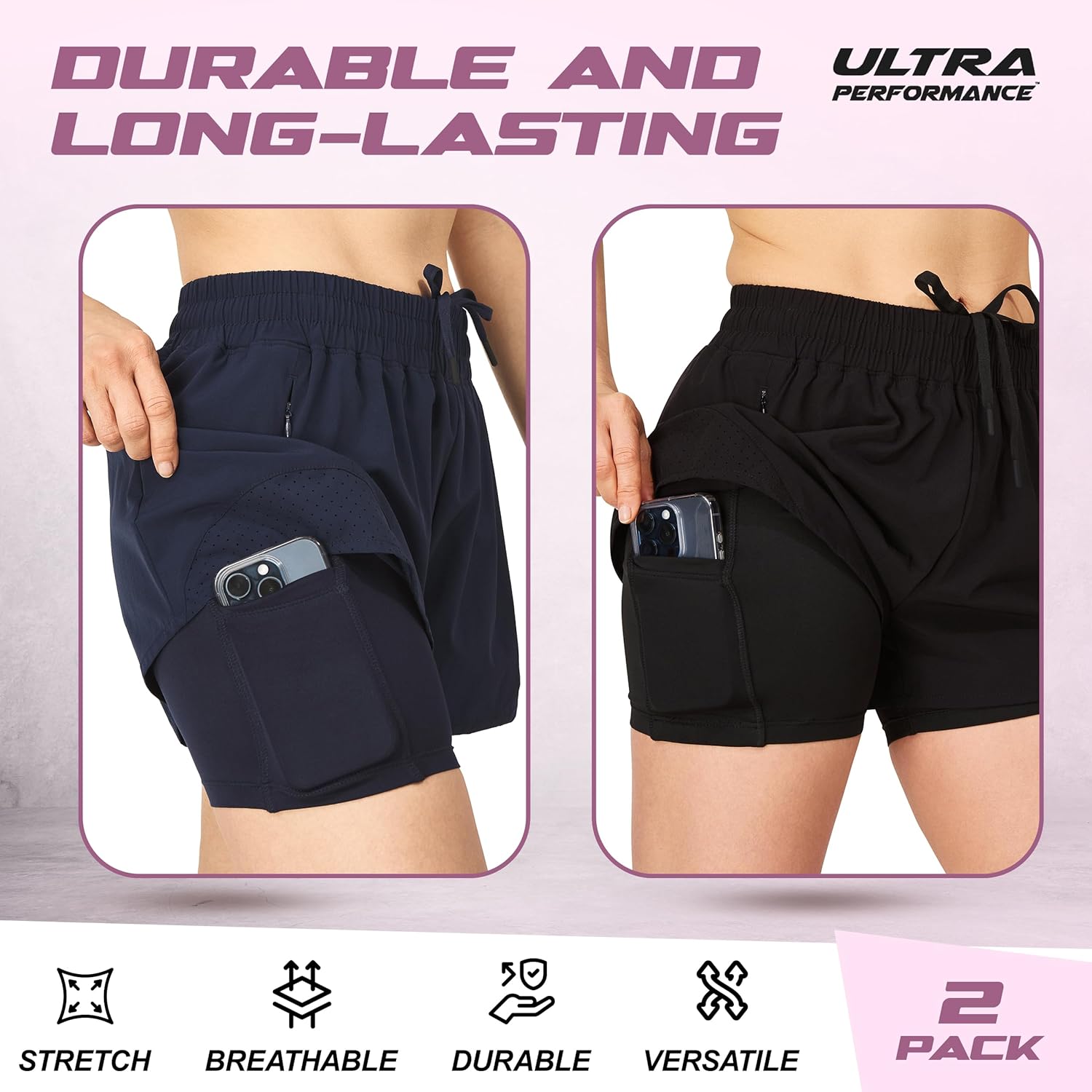 Skiennix Ultra Performance Women's Running Gym Shorts - Compression Workout Shorts, Pack of 2