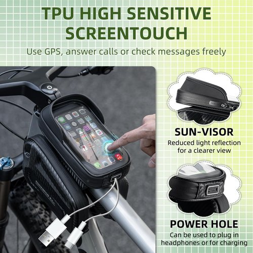 ROCKBROS Top Tube Bike Bag, Waterproof Bike Frame Bag, 1.3L Capacity Bike Phone Bag with Sun-Visor, TPU Sensitive Touch Screen Bicycle Phone Bag for Cell Phone Below 7.4”×4.2”