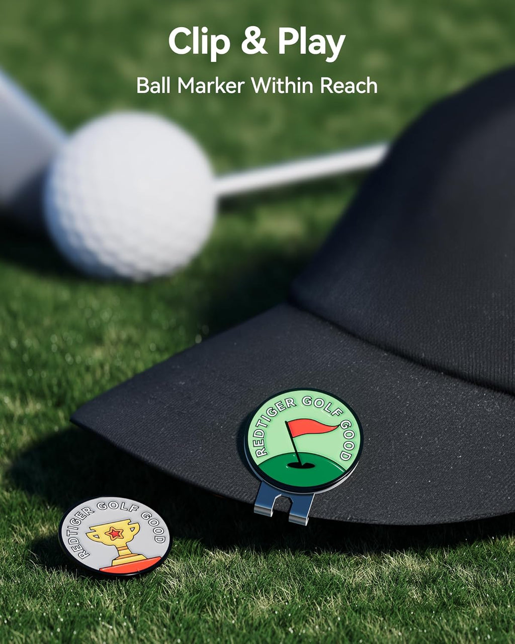 REDTIGER Magnetic Golf Ball Marker Set - 4 Colorful Metal Markers with 2 Hat Clips for Golf Lovers