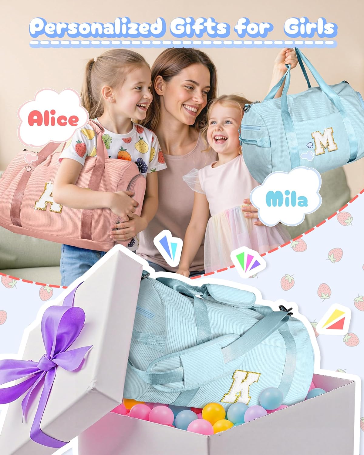 Skiennix Girls Gym Bag - Personalized Dance Duffle with Shoe Compartment & Toiletry Bag | Ideal Gift for 8-Year-Olds