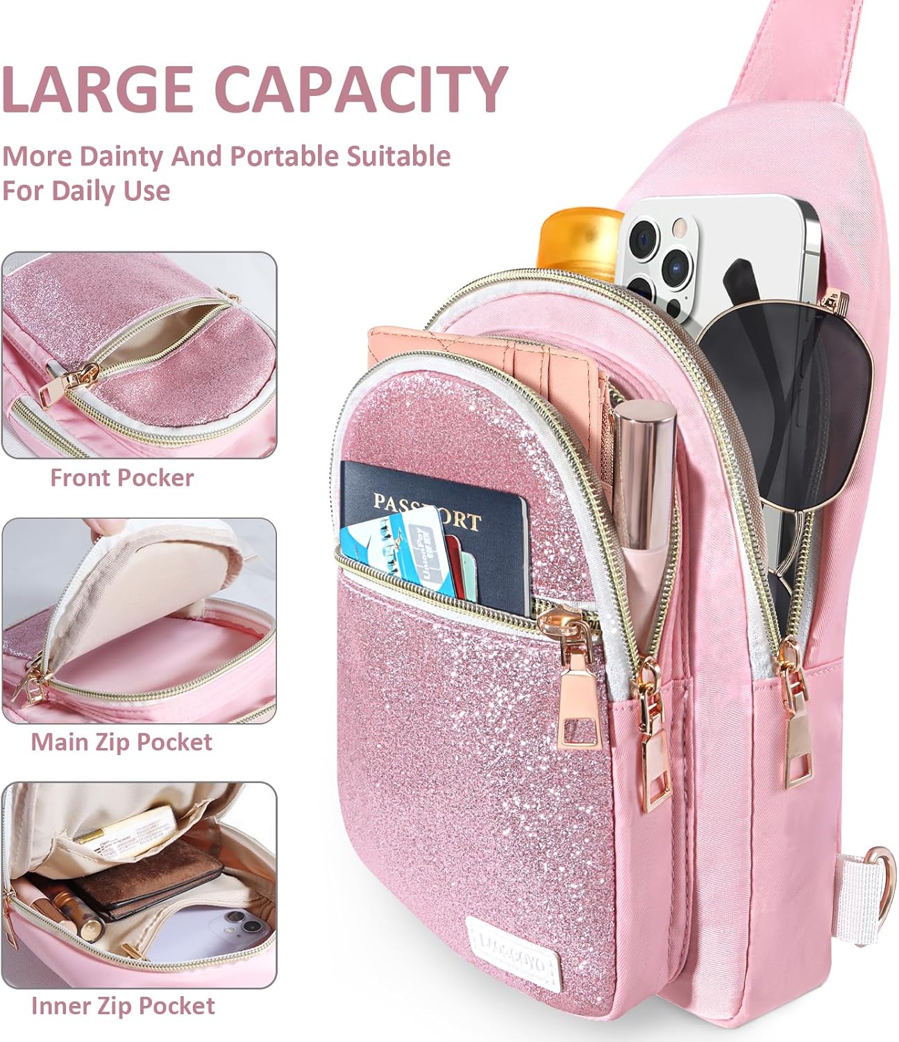 Skiennix Sling Bag - Glitter Crossbody Mini Hiking Daypack | Casual Chest Shoulder Bag for Travel