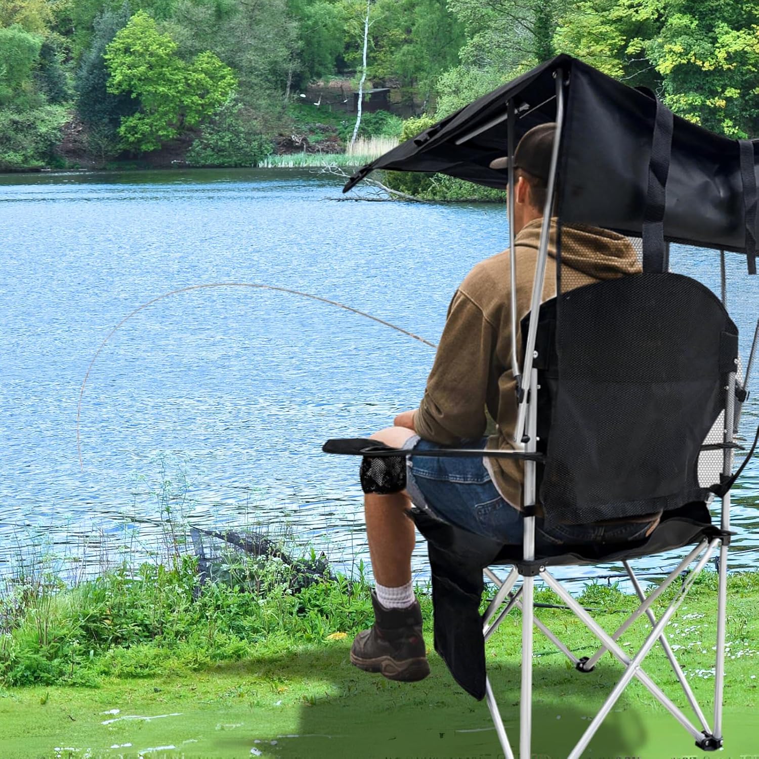 Skiennix Portable Camping Chair - Folding Lounge Chair with Canopy Shade & Cup Holder | Supports 330 LBS (Black)