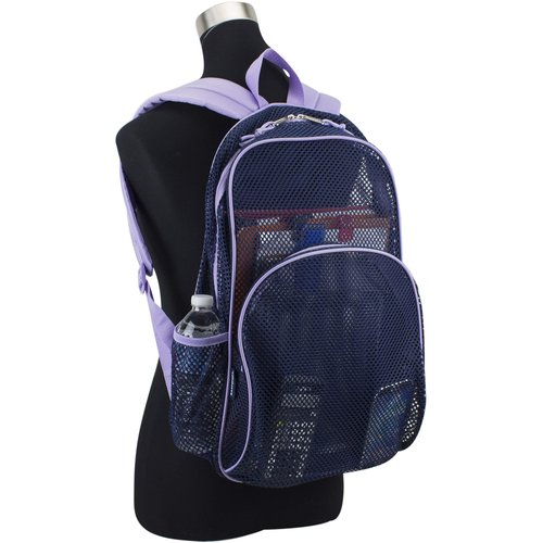 Eastsport Mesh Beach Backpack, College Bookbag, Lightweight See Through for Travel, Swim, Gym, 17.5 Inches, Lavender Mesh Navy Trim