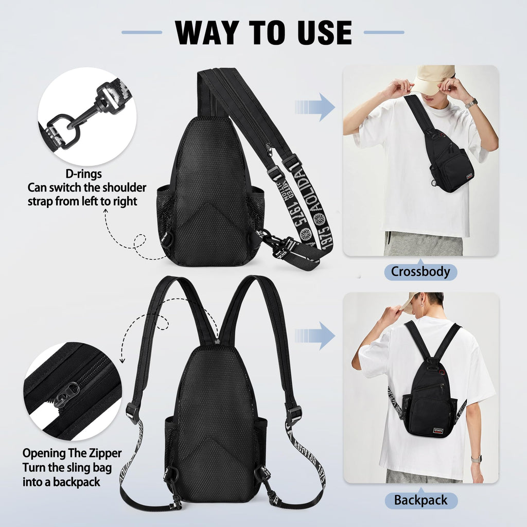 VALUEQLO Crossbody Backpack Convertible Sling Bag for Women Men with Adjustable Strap Small Casual Daypack for Hiking Traveling (Small, 11-Inch, Black)