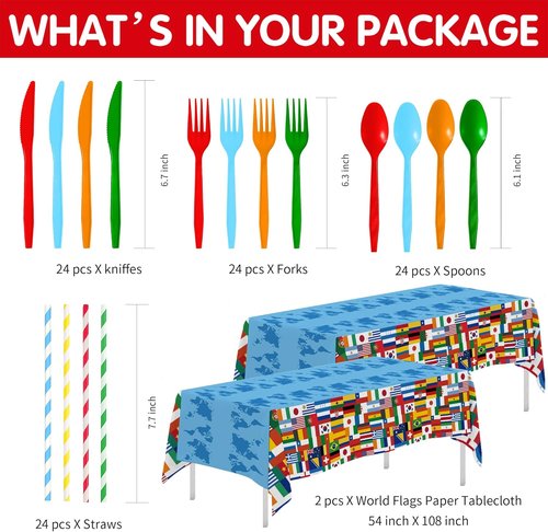APOWBLS International World Flags Decorations - Olympic Party Supplies Set for 24 | Plates, Cups, Napkins, Cutlery, Tablecloth