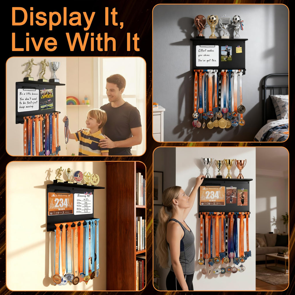 KWYADLUO Running Medal Hanger Display with Trophy Shelf, Race Bib Holder and Whiteboard, 2-Bar Medal Holder for 50+ Medals with Flag Magnets, Marker, Wall Mounted, Black