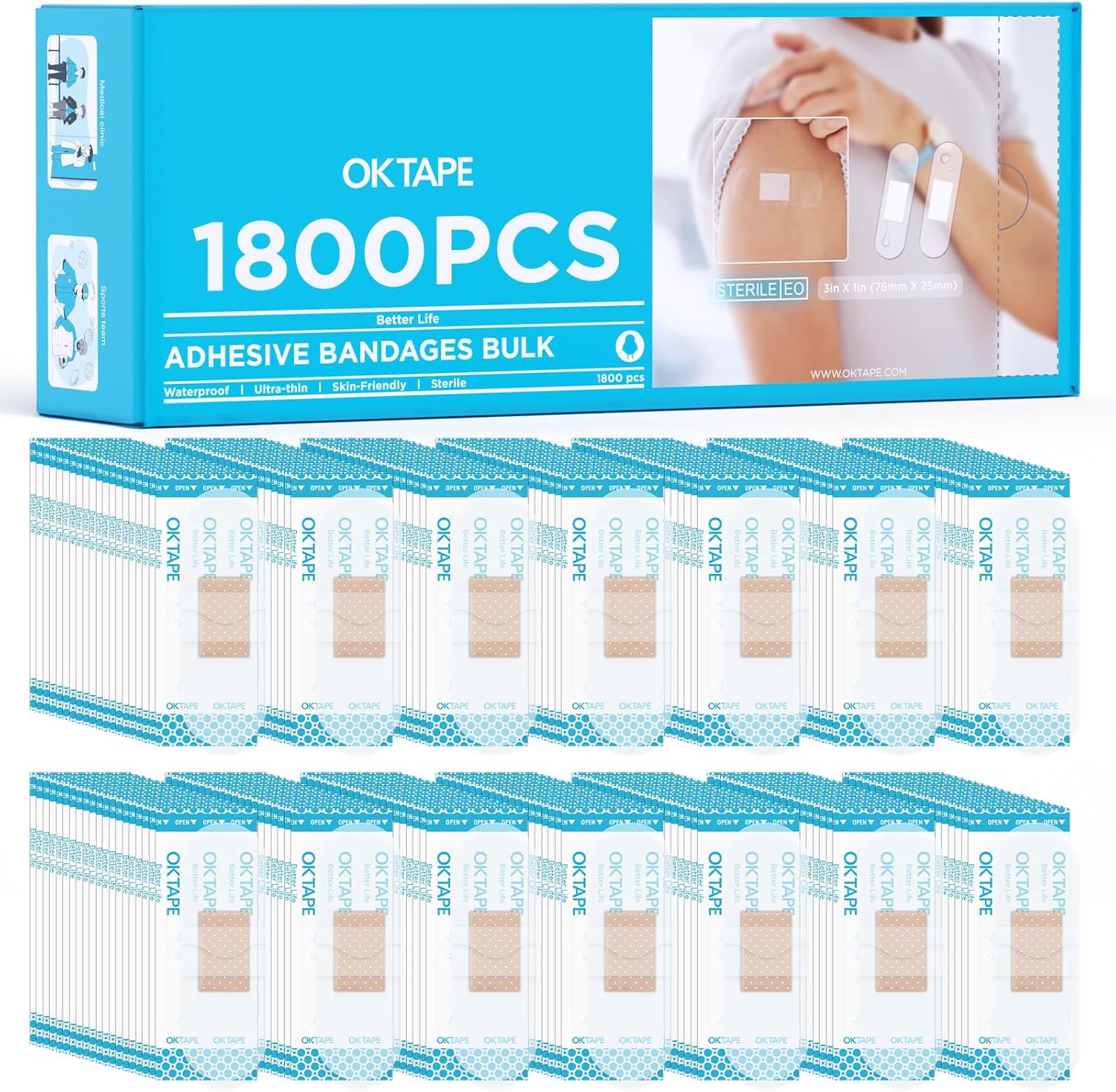 OK TAPE Adhesive Bandages - Waterproof Sterile Sheer Strips, 1" x 3", Bulk Case of 1800 for First Aid