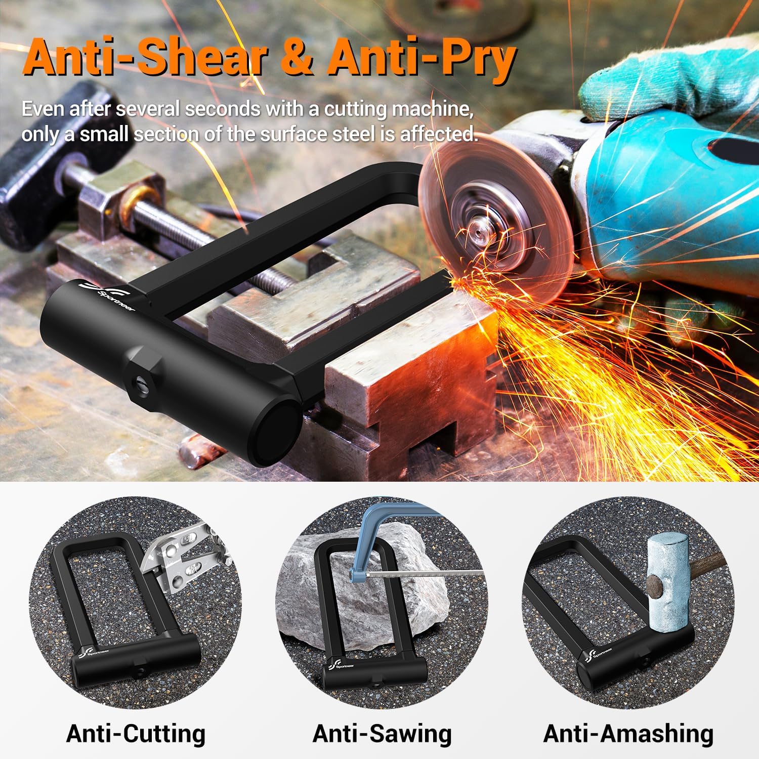 Sportneer Heavy-Duty Bicycle Lock - 18mm Anti-Theft U-Lock with 5ft Steel Cable & 3 Keys | Fits Road & Mountain Bikes, Size 8.58'' x 4.85''