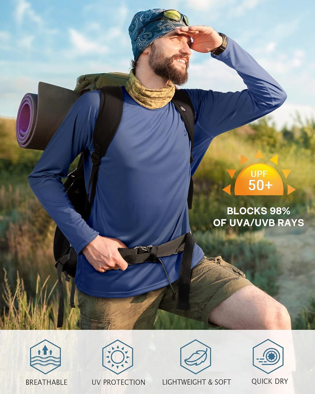 Roadbox Men's UPF 50+ UV Sun Protection Shirt - Long Sleeve SPF Rash Guard for Outdoor Activities