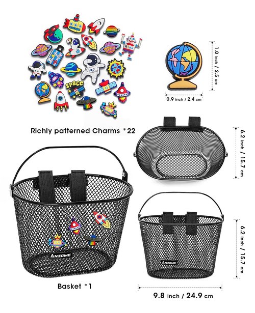 ANZOME Kids Bike Basket, Bicycle Basket for Boy and Girl, Waterproof Metal Wire Children's Bicycle Basket, Suitable for Most Children's Bicycles and Kids Tricycles (Black+Accessories 2)