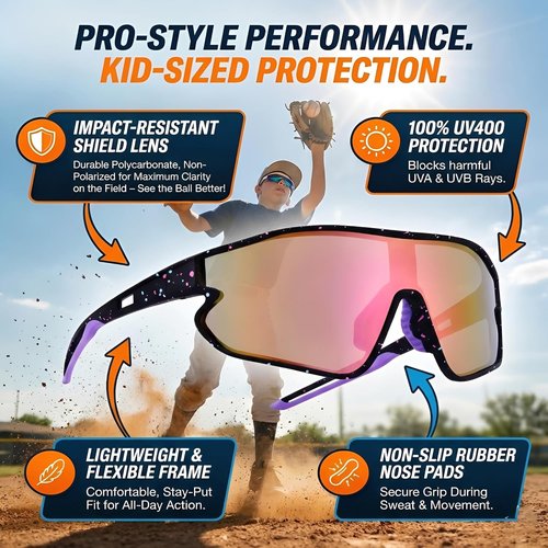 Kids Baseball Sunglasses - Youth Baseball Sunglasses for Boys Girls - Sports Softball Shades Age 6-14