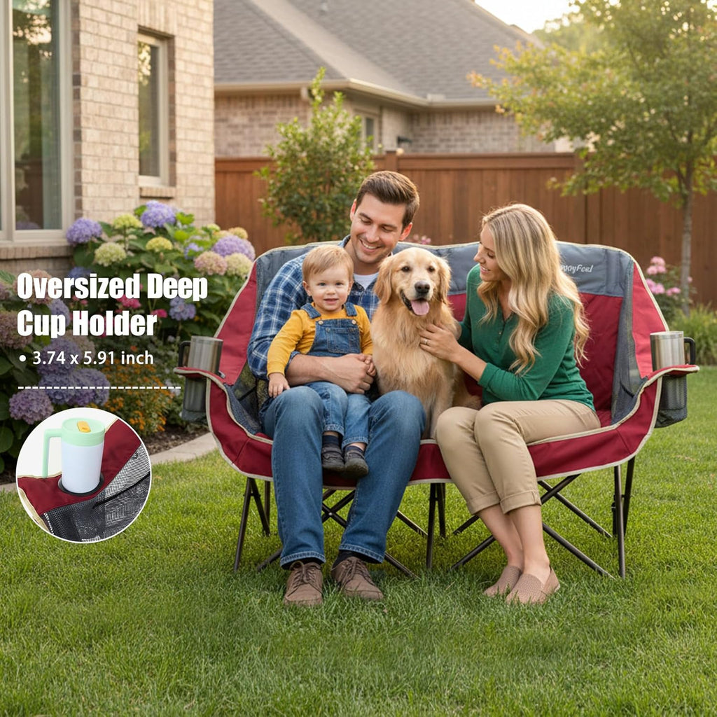 SUNNYFEEL Double Camping Chairs - Heavy Duty Padded Loveseat for 2 | 600lbs Capacity, Portable Red Outdoor Couch