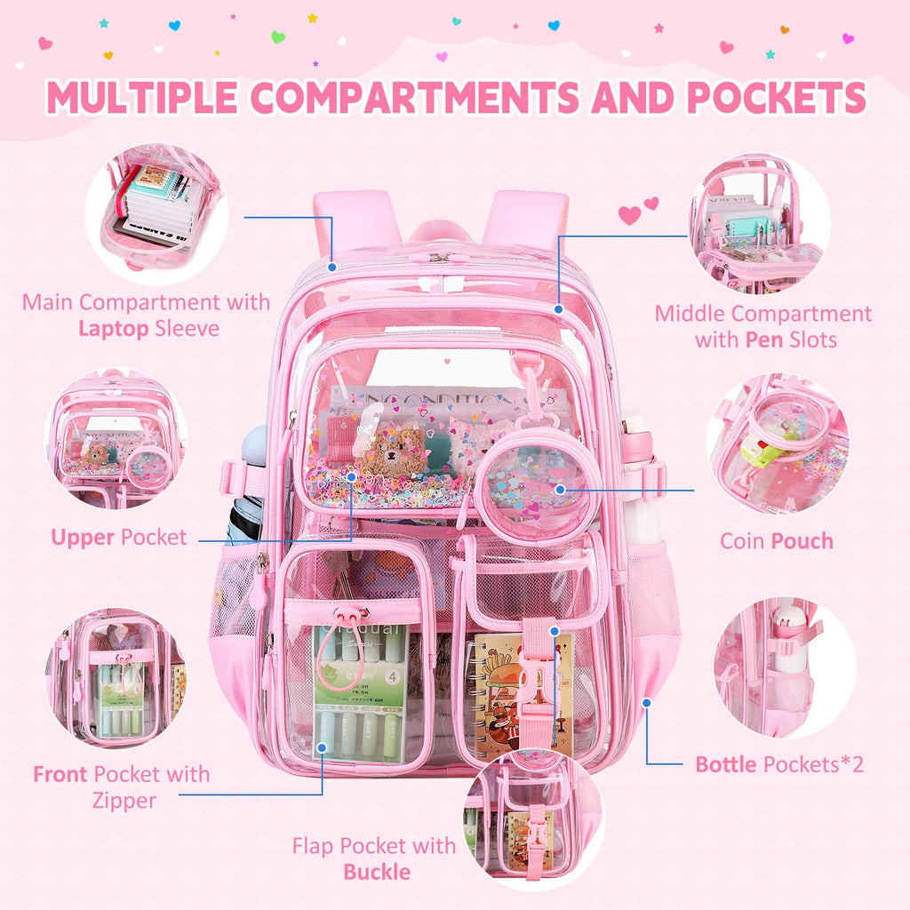ASKSKY Clear Backpack for Girls School Clear Bookbag Stadium Events Heavy Duty Transparent Back Pack, Pink