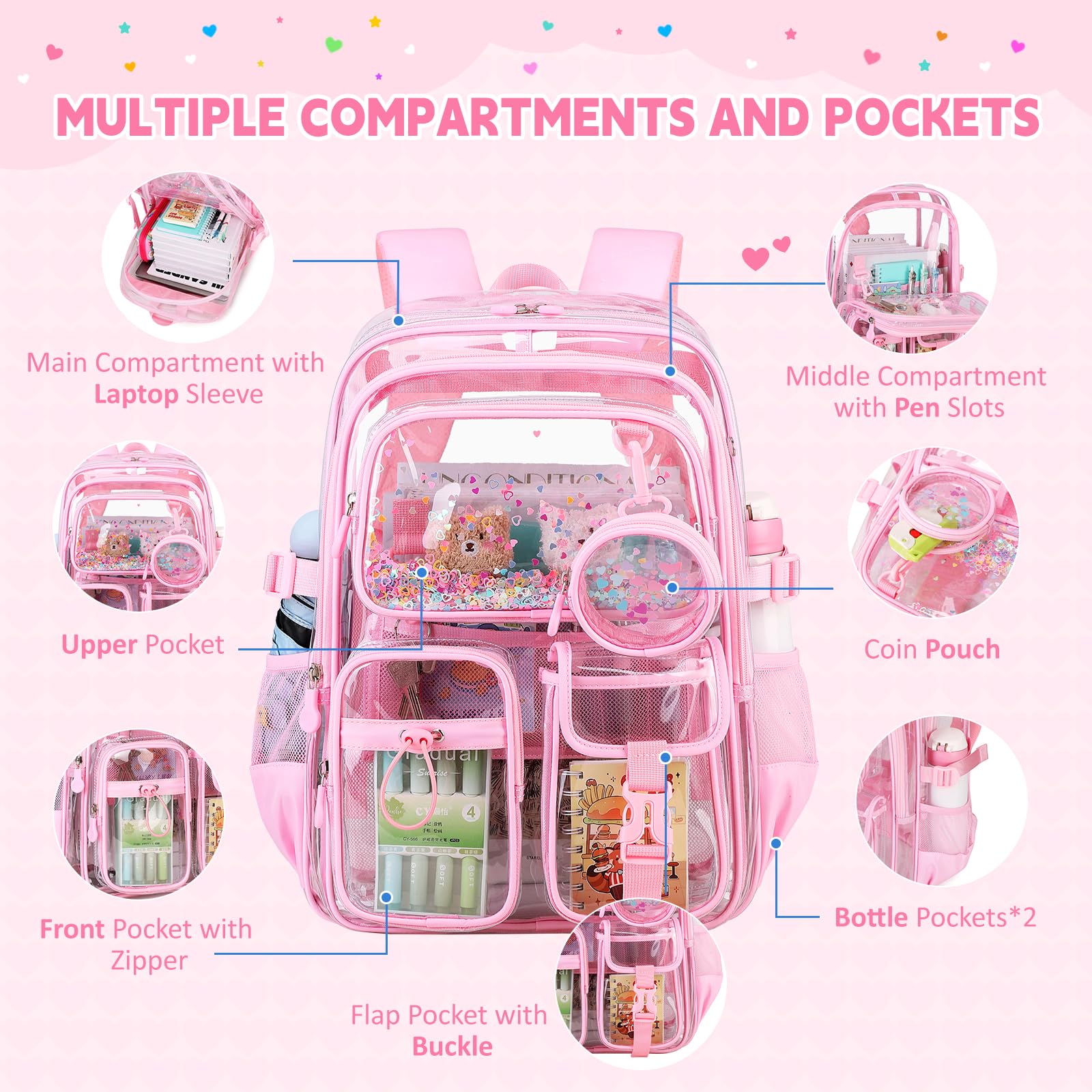 ASKSKY Clear Backpack for Girls School Clear Bookbag Stadium Events Heavy Duty Transparent Back Pack, Pink