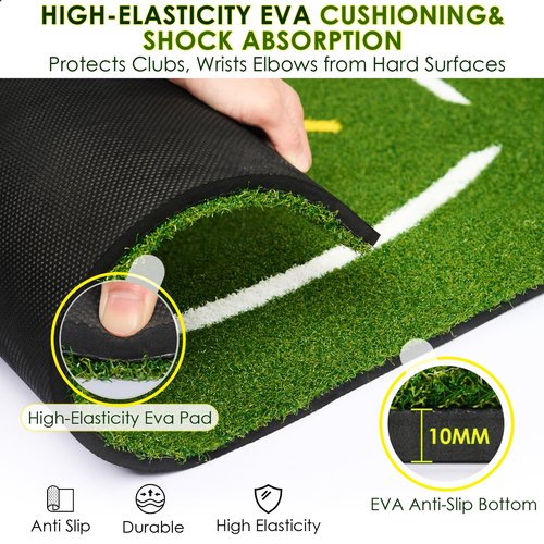 KULAMOON Golf Mat with Dual Turf, 5x4ft 26mm-45mm Thickened Golf Hitting Mat with Standing Guide-Line & Swing Path Line, Practice Mats for Indoor or Outdoor Use, Gifts for Men Dad & Golfers