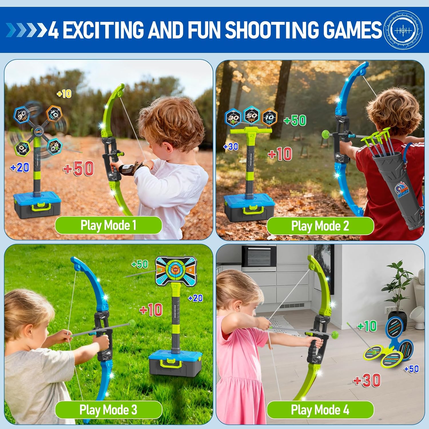 OCHIDO Bow and Arrow Set - 3-in-1 LED Light Up Archery Kit with 4 Targets & 12 Suction Cup Arrows for Kids Ages 5-12