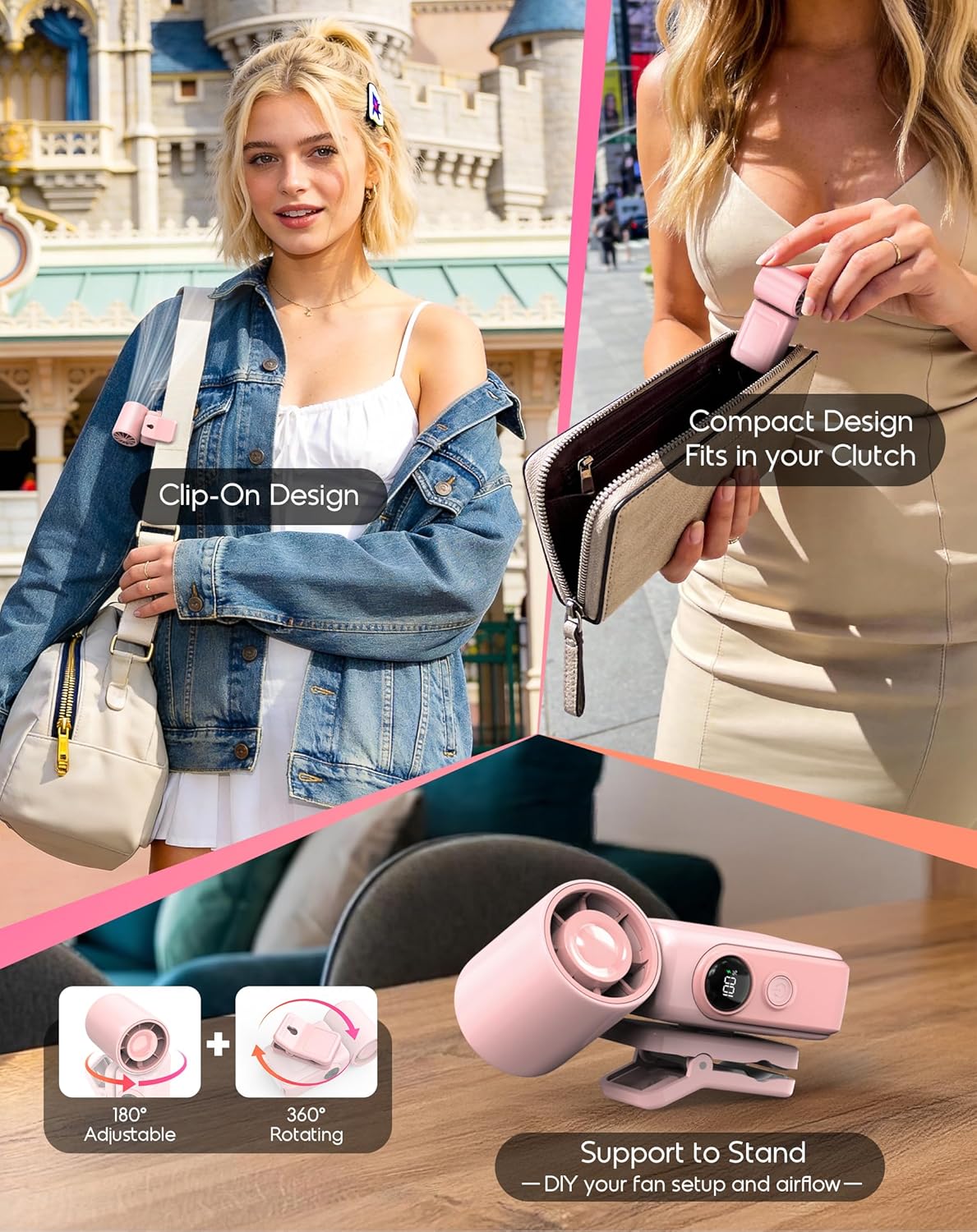 Skiennix Portable Clip-On Mini Fan - Hands-Free Rechargeable Cooling Fan with 4 Wind Speeds | Pink