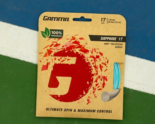 Gamma Sapphire Tennis String Reel, 40 Ft Earth-Friendly Tennis Racket Strings with AMP Copolyester Technology for Effortless Spin and Precision, 16 and 17 Gauge Options, 17 Gauge